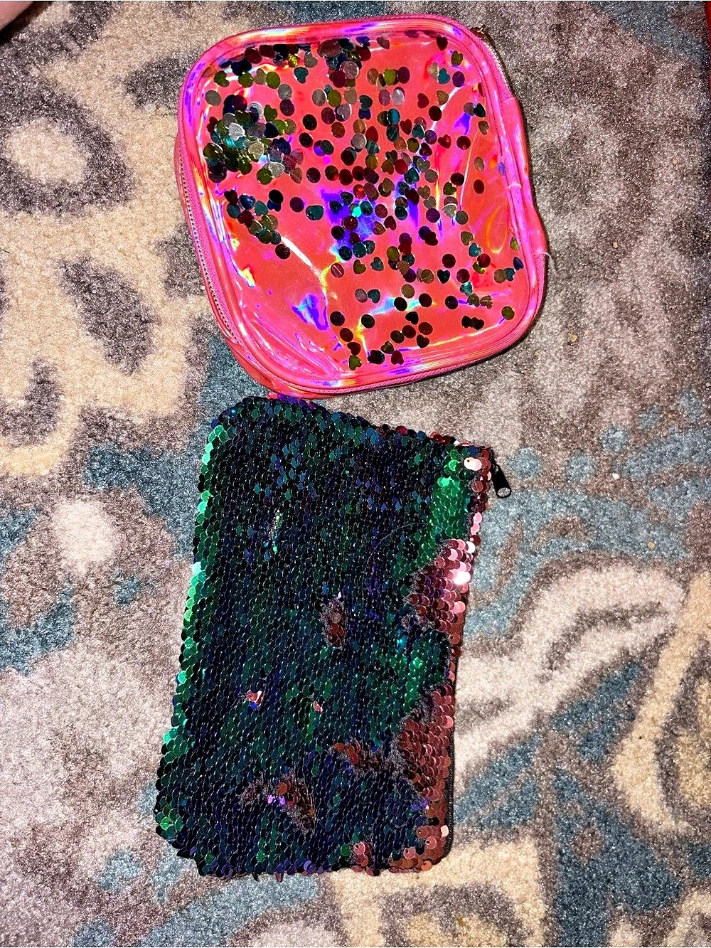 Sequin Cosmetic Pouches in Pink & Green Like New Glitter dots Pouch